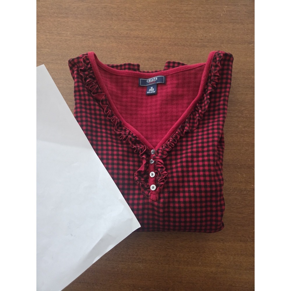 Chaps Checkered Ruffled Collar Henley Women's 1x Plaid Red And Black